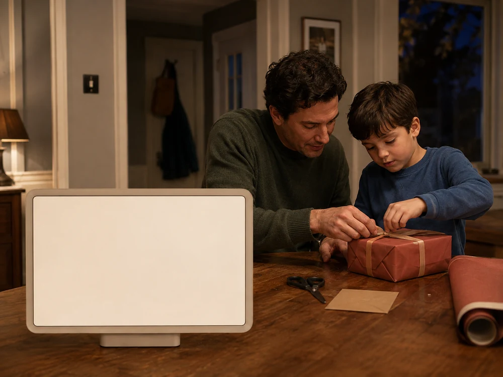 A father and child wrap a birthday gift in the evening, beside an Aurion screen on the dining table.