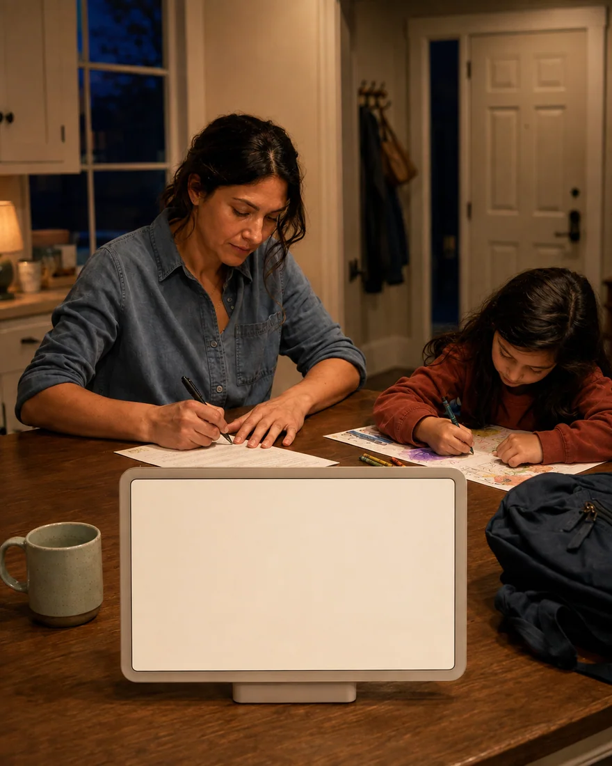 Aurion on the kitchen table, with a mother signing a school form beside her daughter.