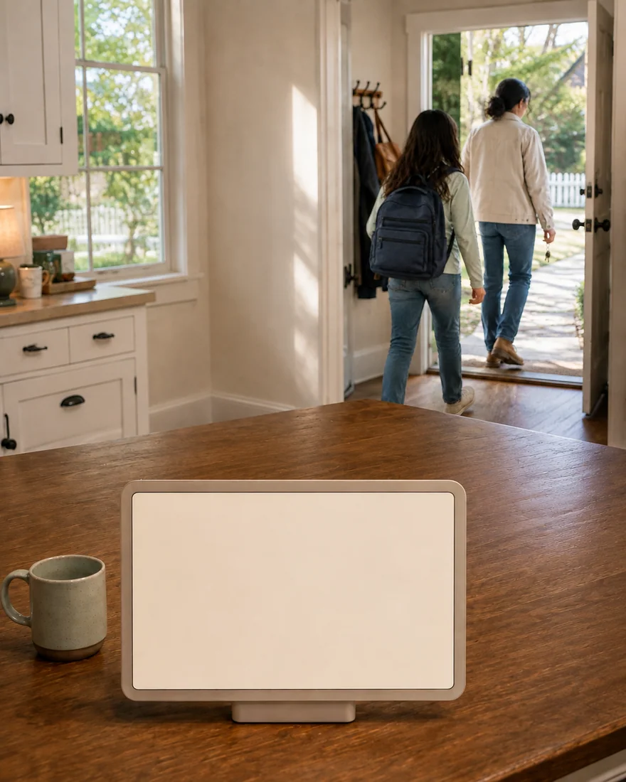 The same Aurion on the kitchen table while a mother and her daughter, wearing her school backpack, walk out of the front door.